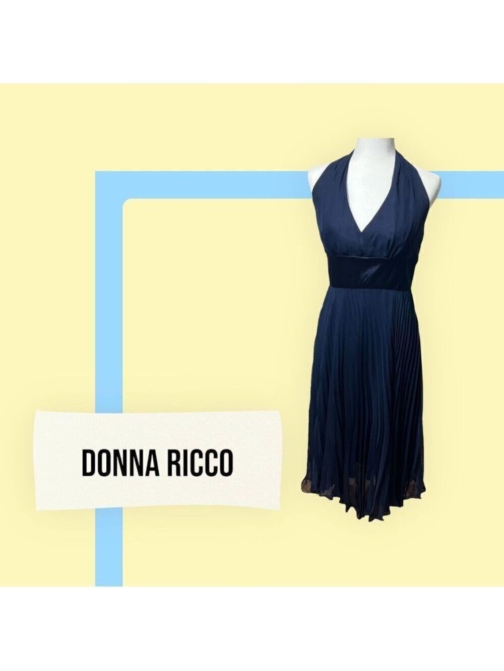 Donna Ricco Midi Navy Halter Dress with Silky waist and straps and Pleated Skirt